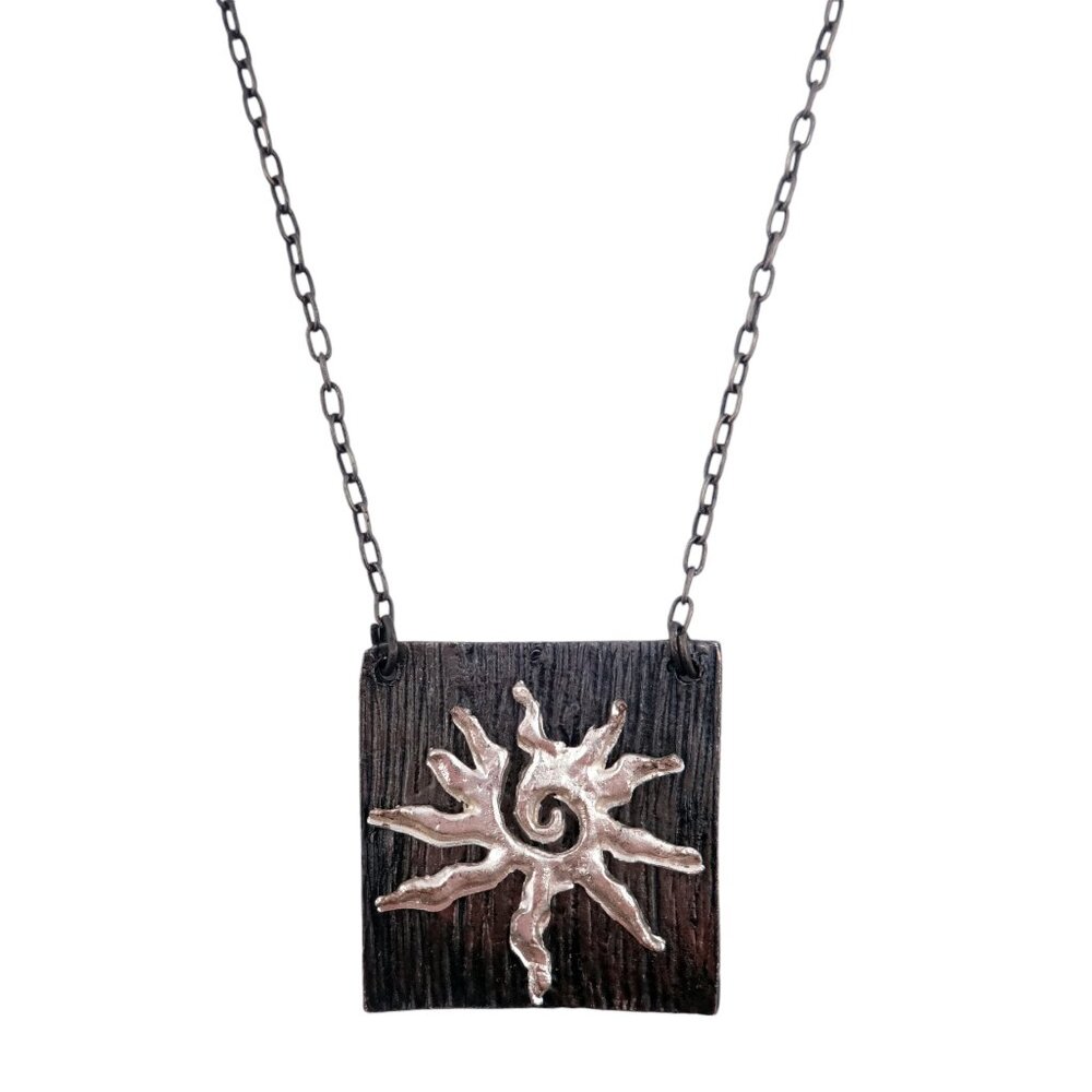 Anju Shiny Pewter Sun Spiral Antiqued on Pewter Texture Pendant Necklace - NEW